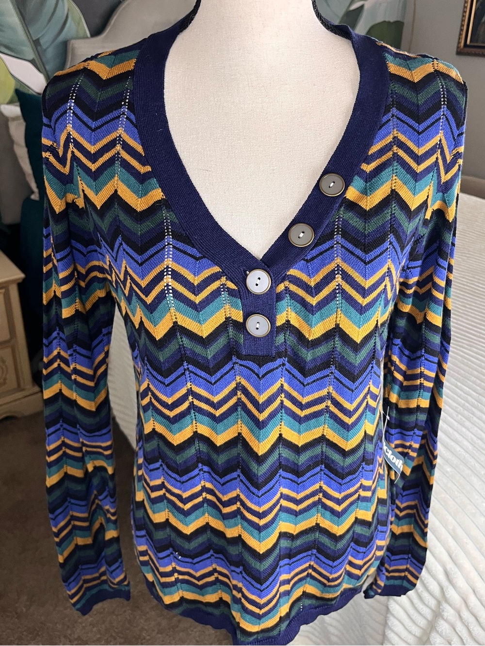 ModCloth Chevron Pattern V-Neck Sweater in Navy, Gold & Green